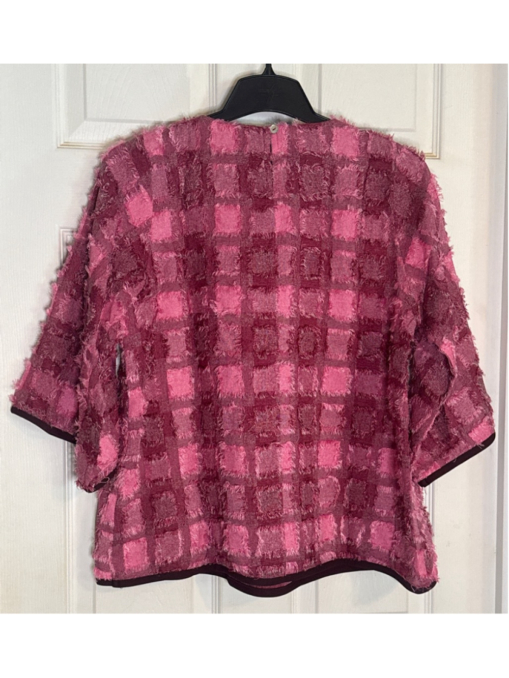 GiGiO USA Pink Burgundy Plaid Fringe Top M - Picture 3 of 4